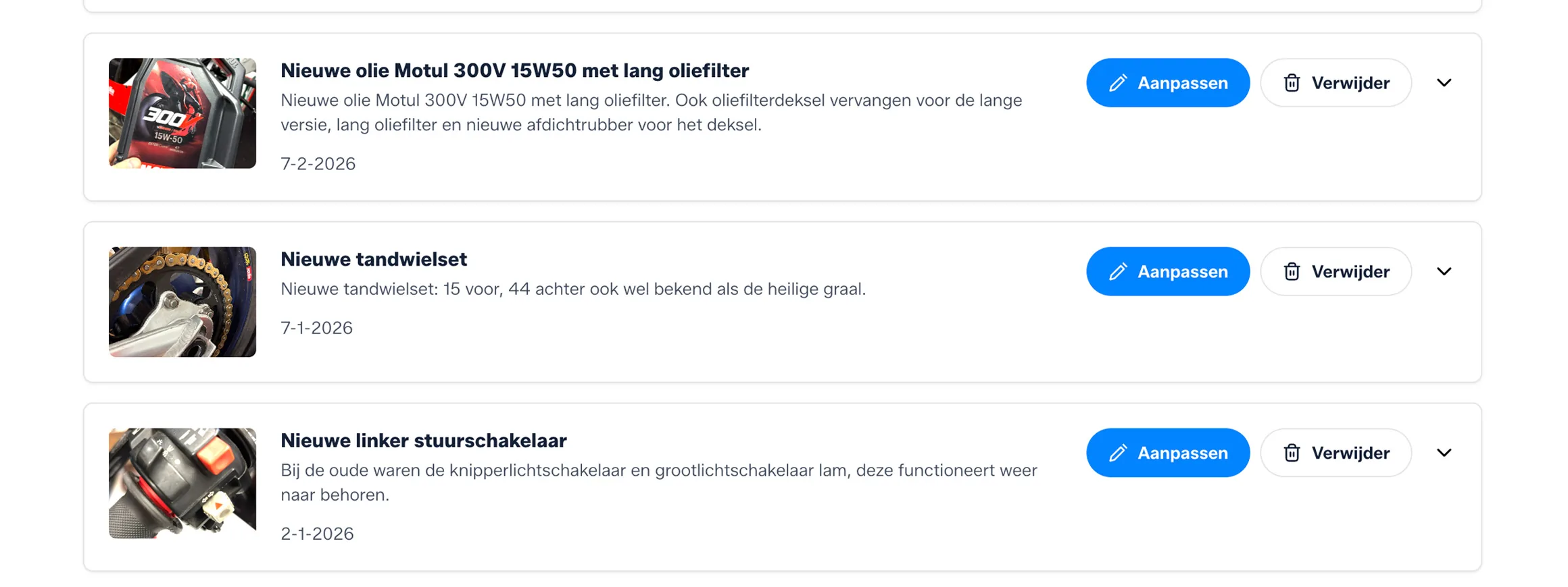 Motor onderhoud app met overzichtelijke tijdlijn